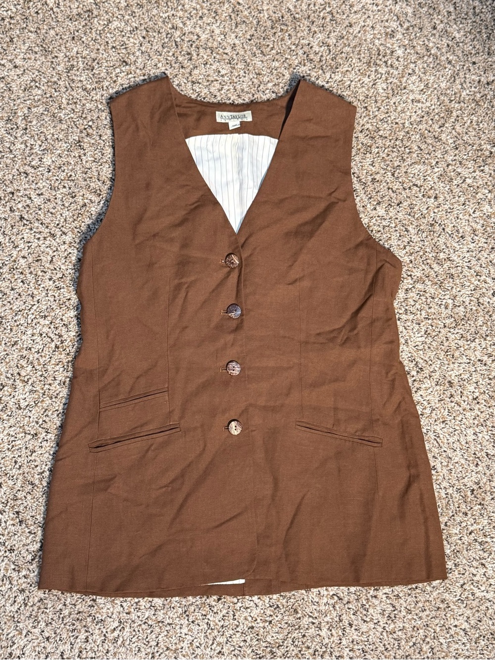 Ann Taylor Brown Sleeveless Vest with Pinstripe Lining